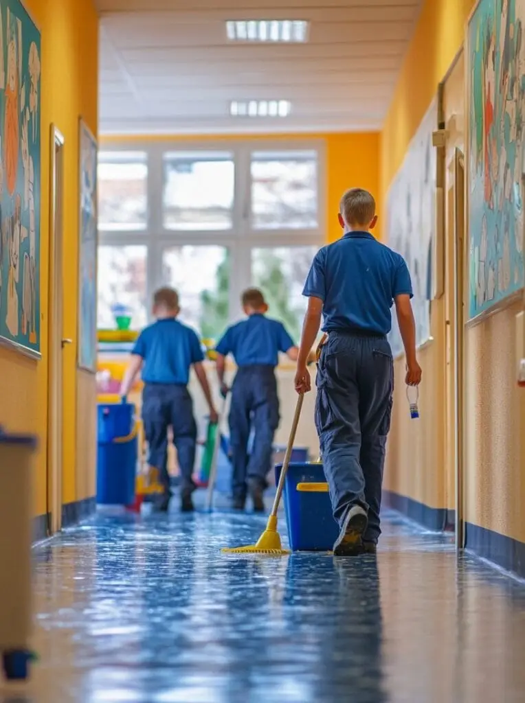 Conserjes limpiando el corredor de un colegio