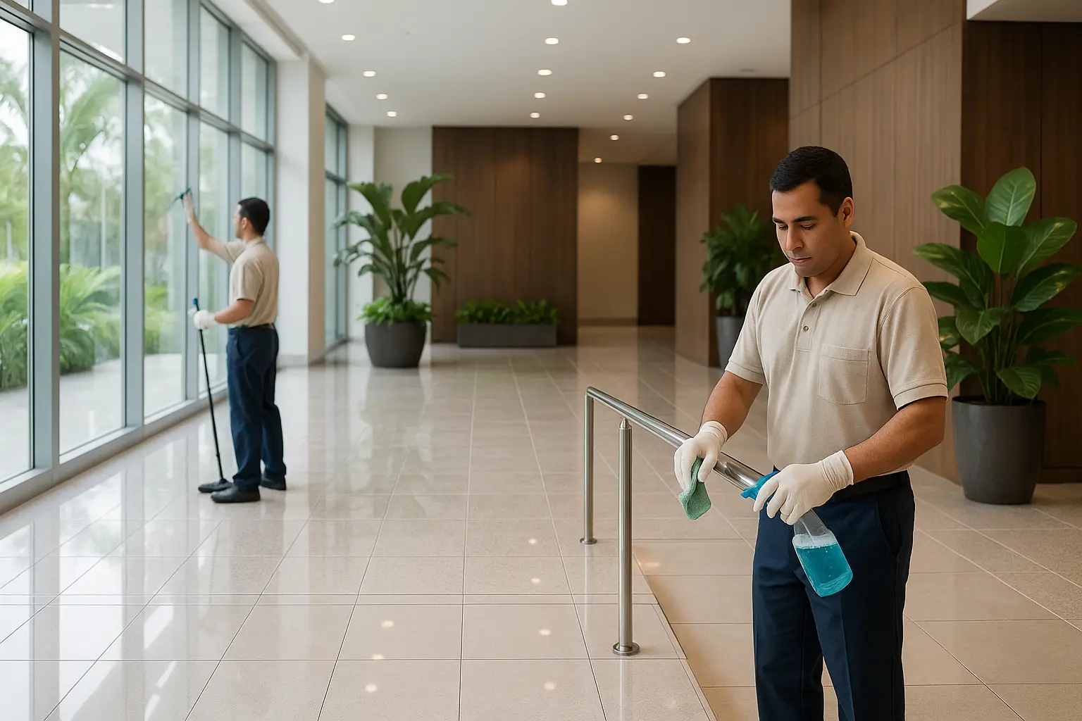 Lobby corporativo moderno en Managua con pisos brillantes y dos conserjes limpiando vidrios y desinfectando pasamanos.