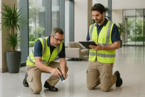 Inspectores de limpieza revisando un lobby moderno en Managua con tablet y linterna durante inspección inicial de edificio.