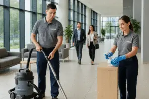 Trabajadores de LIMPSA limpiando un lobby corporativo moderno con aspiradora y atomizador, reduciendo enfermedades respiratorias y promoviendo ambientes saludables.