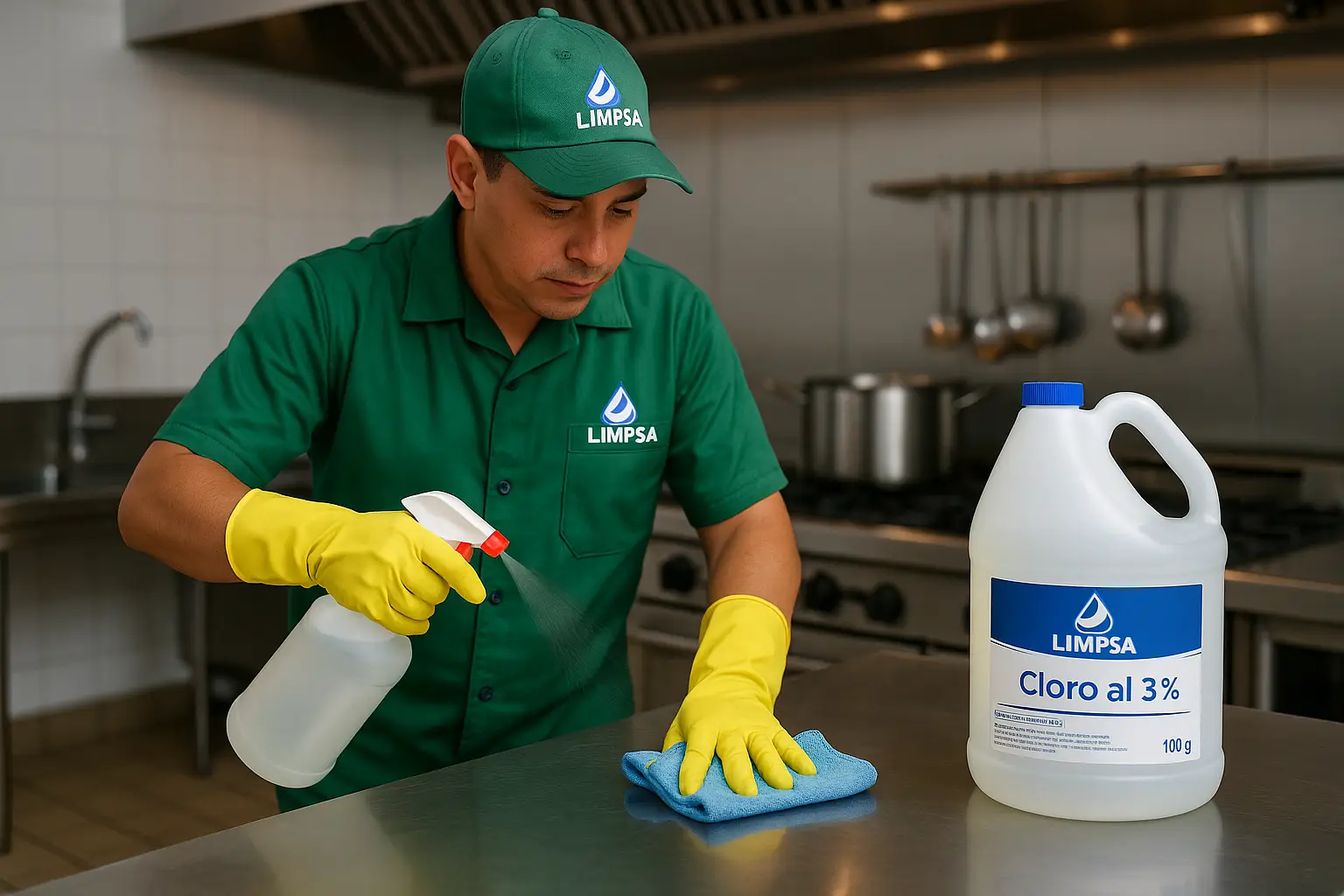 Trabajador de limpieza aplica Cloro al 3% LIMPSA en mesa de acero inoxidable dentro de cocina industrial en Managua. Uniforme verde con logo de LIMPSA, guantes amarillos y ambiente higiénico profesional.