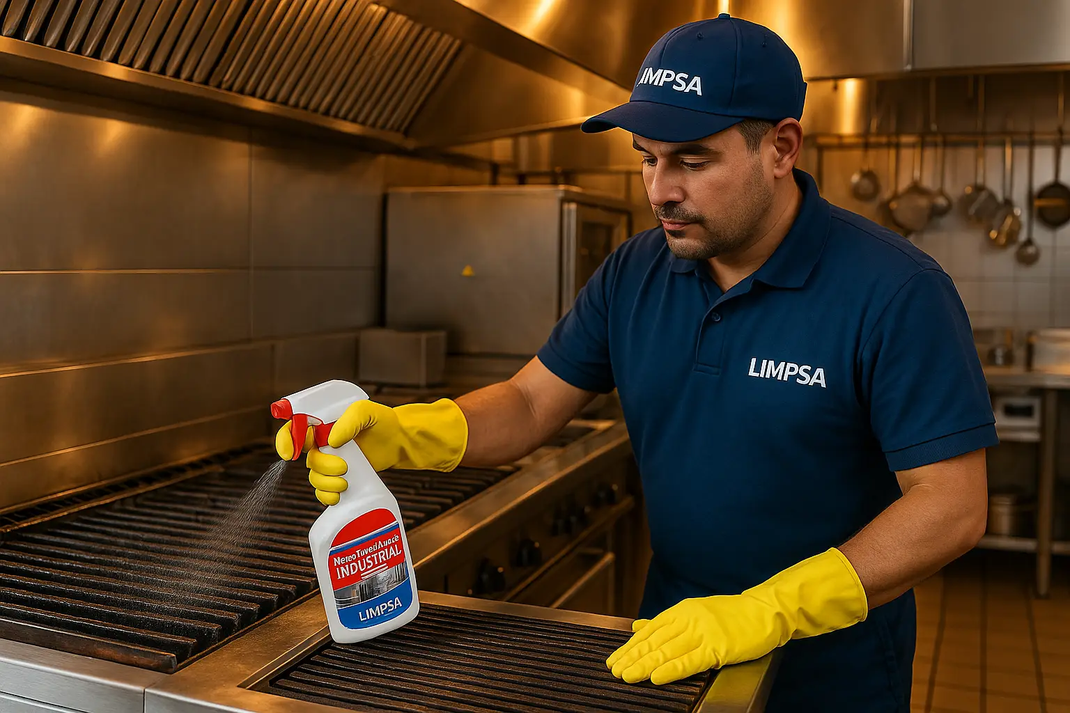 Operario de limpieza aplicando Desengrasante Industrial LIMPSA en parrilla de acero inoxidable en cocina profesional de Managua, logrando superficies libres de grasa y seguras.