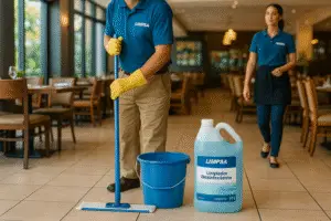 Trabajador de limpieza en restaurante de Managua trapeando el piso con Limpiador Desinfectante LIMPSA, eliminando bacterias y malos olores para mantener un ambiente higiénico y agradable.