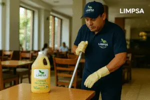 Conserje de LIMPSA limpiando el comedor de un restaurante con Limpiador Desinfectante de Citronela para controlar mosquitos.