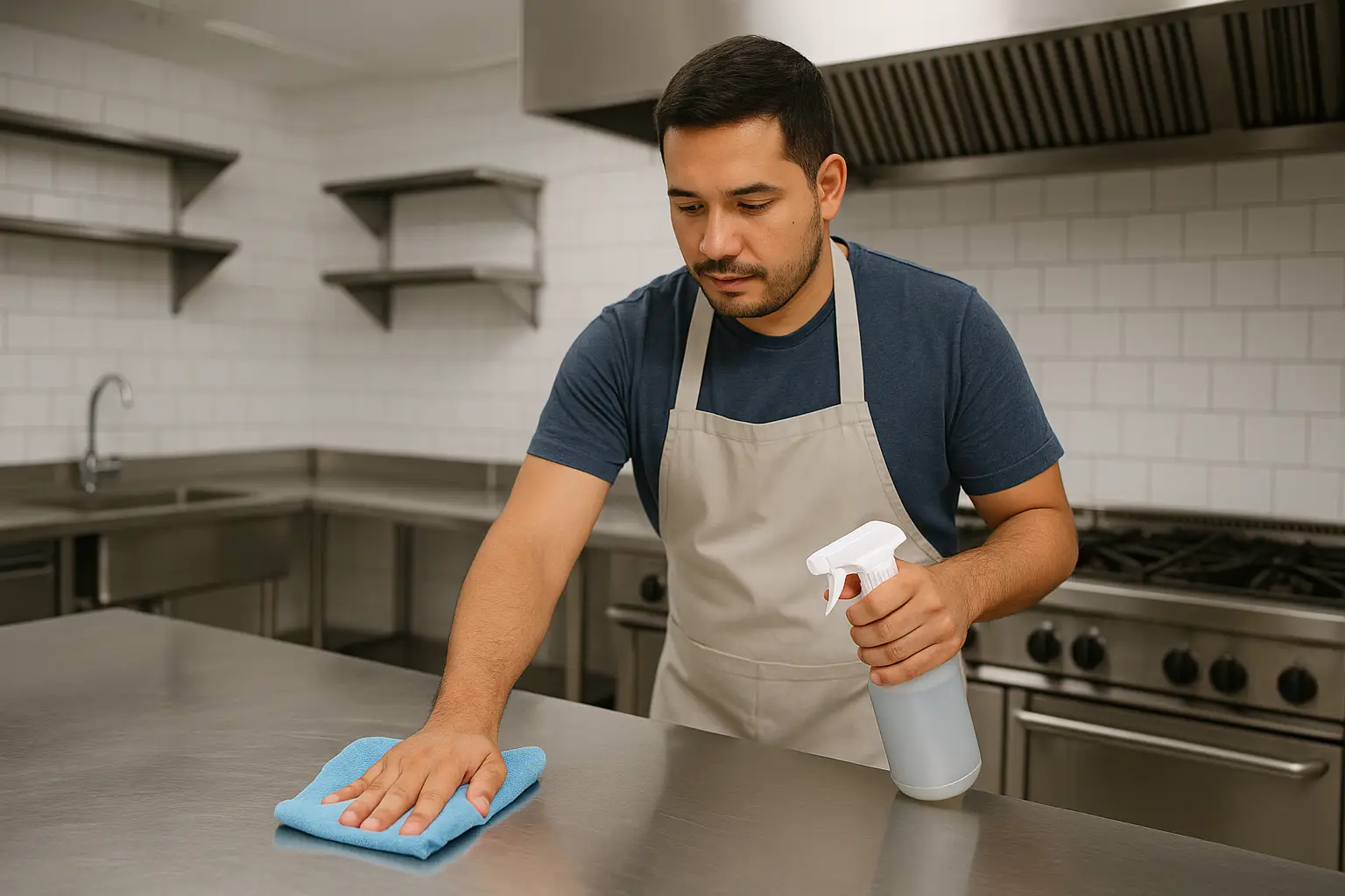 Operario limpiando una superficie de acero inoxidable en una cocina industrial, utilizando un paño y atomizador, con el logo de LIMPSA visible; imagen para blog sobre errores comunes en la limpieza de restaurantes.