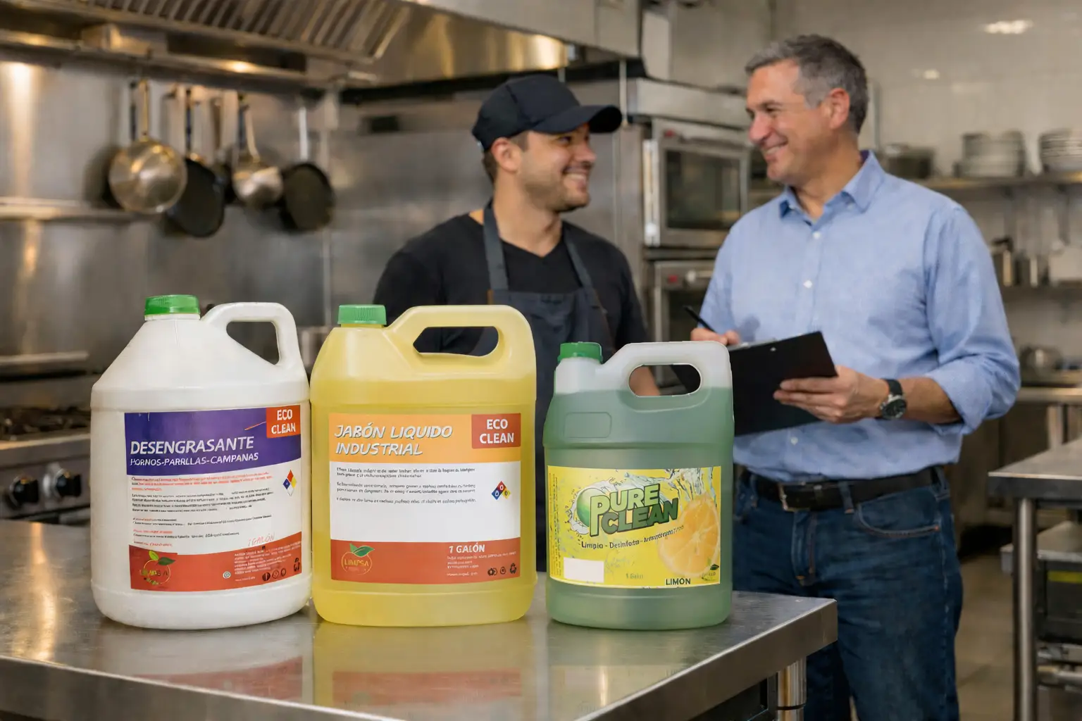Productos de limpieza industrial LIMPSA en cocina profesional durante auditoría sanitaria en restaurante de Managua