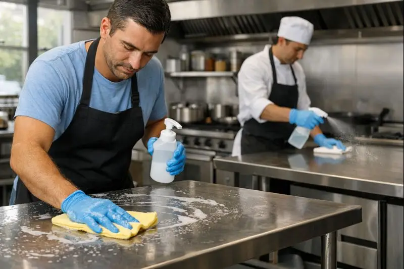 Personal de restaurante realizando limpieza y desinfección correcta de superficies en cocina profesional para control sanitario.