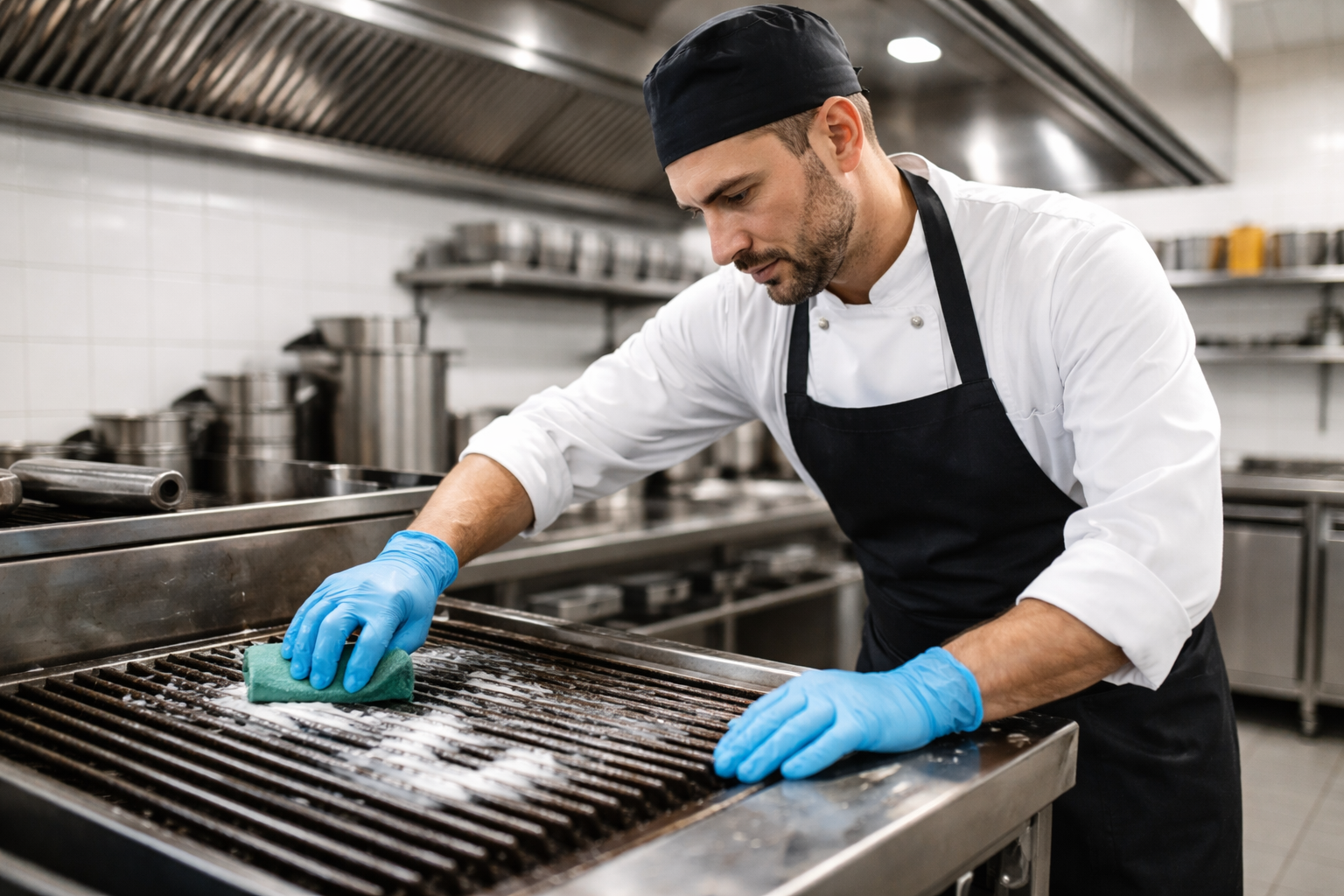 Cocinero limpiando parrilla industrial como parte del mantenimiento de equipos de cocina industrial