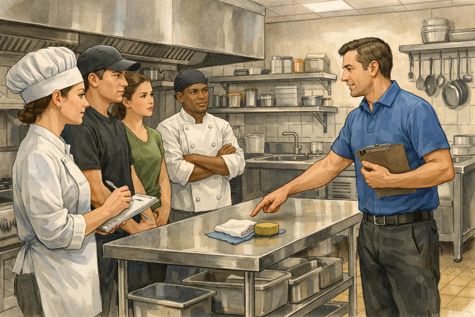 Ilustración realista de capacitación al personal de cocina sobre el uso correcto de productos de limpieza en restaurante profesional.