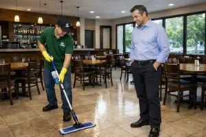 Personal de limpieza aplica limpiador desinfectante para pisos pisos libres de bacterias y malos olores.