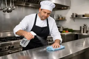 Chef desinfectando mesa de acero inoxidable en cocina de restaurante utilizando solución de cloro al 3%, aliado económico y seguro para eliminar bacterias.