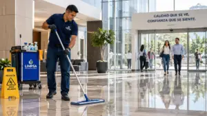 Limpieza profesional en edificios y centros comerciales con personal limpiando lobby moderno y piso brillante