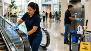 Personal de limpieza profesional en centros comerciales y oficinas desinfectando escaleras eléctricas y elevadores en Managua.