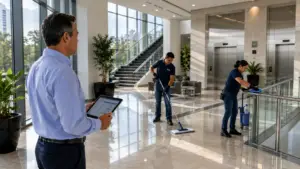 Personal de limpieza profesional realizando mantenimiento preventivo de edificios en lobby corporativo moderno para prolongar la vida útil de las instalaciones.