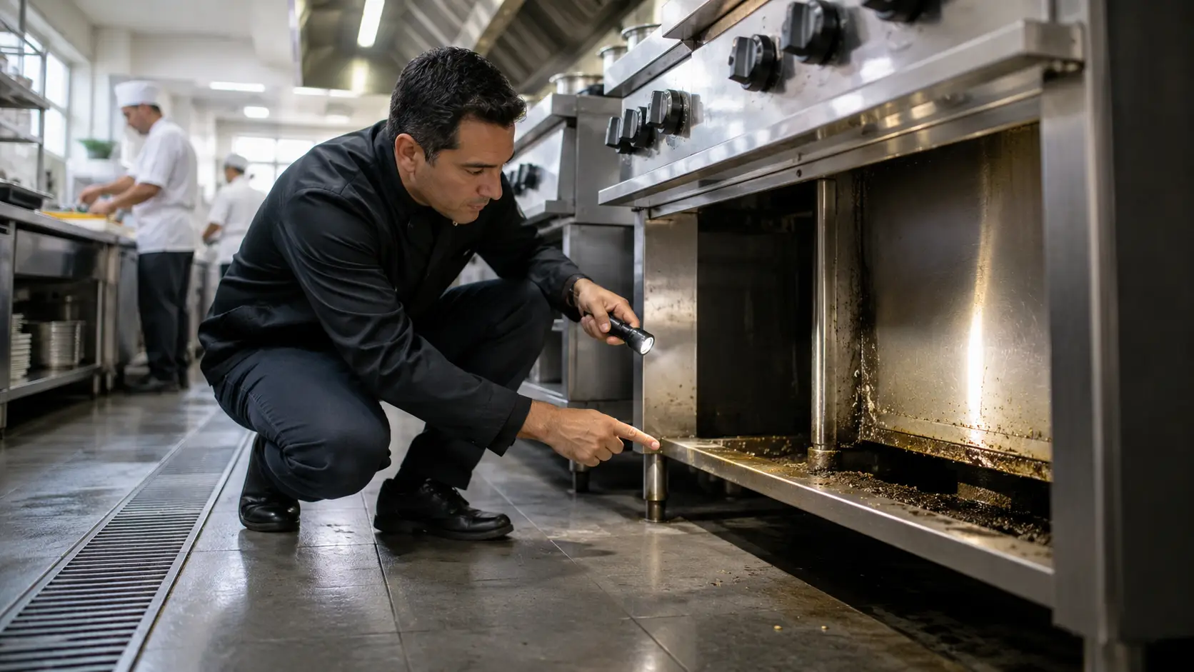 Supervisor inspeccionando acumulación de grasa oculta debajo de equipos de una cocina industrial durante un proceso de limpieza profunda de cocinas industriales para prevenir contaminación cruzada.