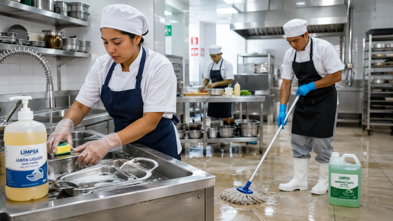 Limpieza eficiente para restaurantes con jabón líquido y desinfectante de piso LIMPSA en cocina profesional.