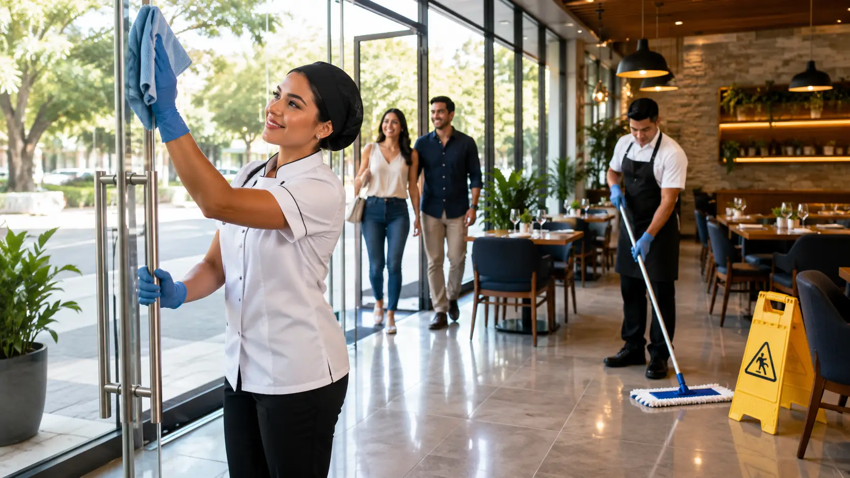 Experiencia del cliente en restaurantes con vidrios limpios y piso desinfectado en un ambiente moderno.