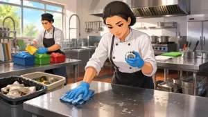 Errores que impiden la desinfección de cocinas en restaurante, con personal aplicando buenas prácticas de limpieza.