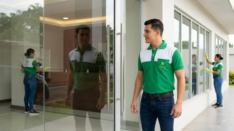 Personal de LIMPSA ejecutando un protocolo de limpieza para oficinas en la entrada de un edificio corporativo en Managua.