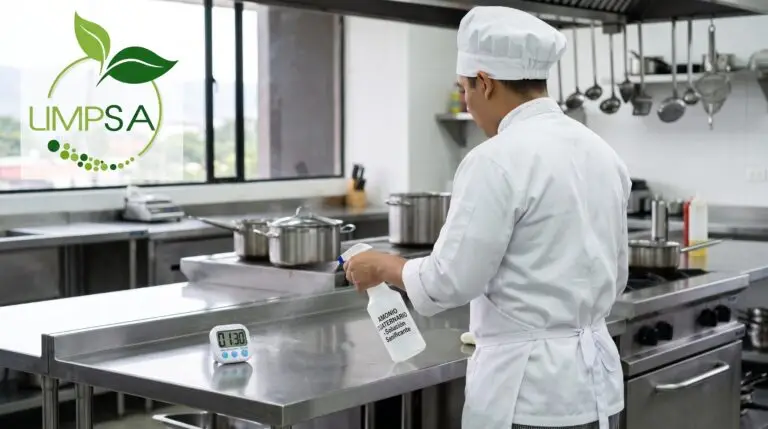Personal uniformado aplicando amonio cuaternario para una sanitización efectiva en cocinas de restaurantes y hoteles.