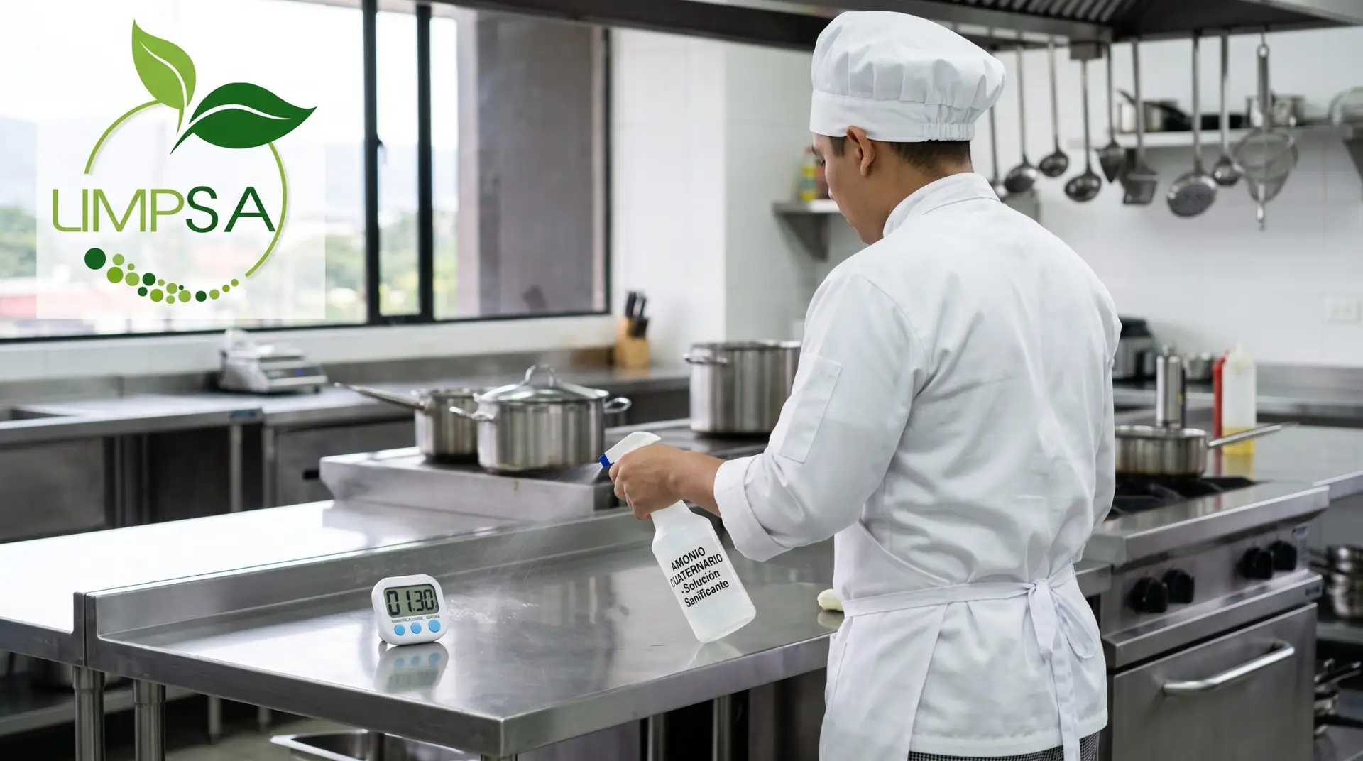Personal uniformado aplicando amonio cuaternario para una sanitización efectiva en cocinas de restaurantes y hoteles.