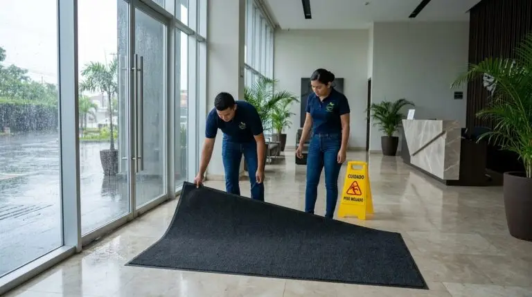 Personal de LIMPSA instalando tapete absorbente para proteger accesos de edificios en temporada de lluvias.