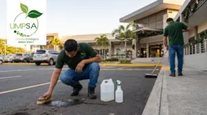 Personal de LIMPSA realizando la limpieza de parqueos comerciales, eliminando manchas de aceite con desengrasante especializado en un centro comercial.
