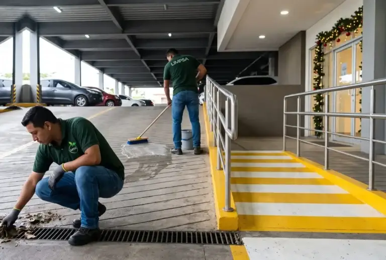 Limpieza de parqueos en temporada navideña: personal de LIMPSA con uniforme verde limpiando un drenaje y lavando la rampa de un parqueo de centro comercial