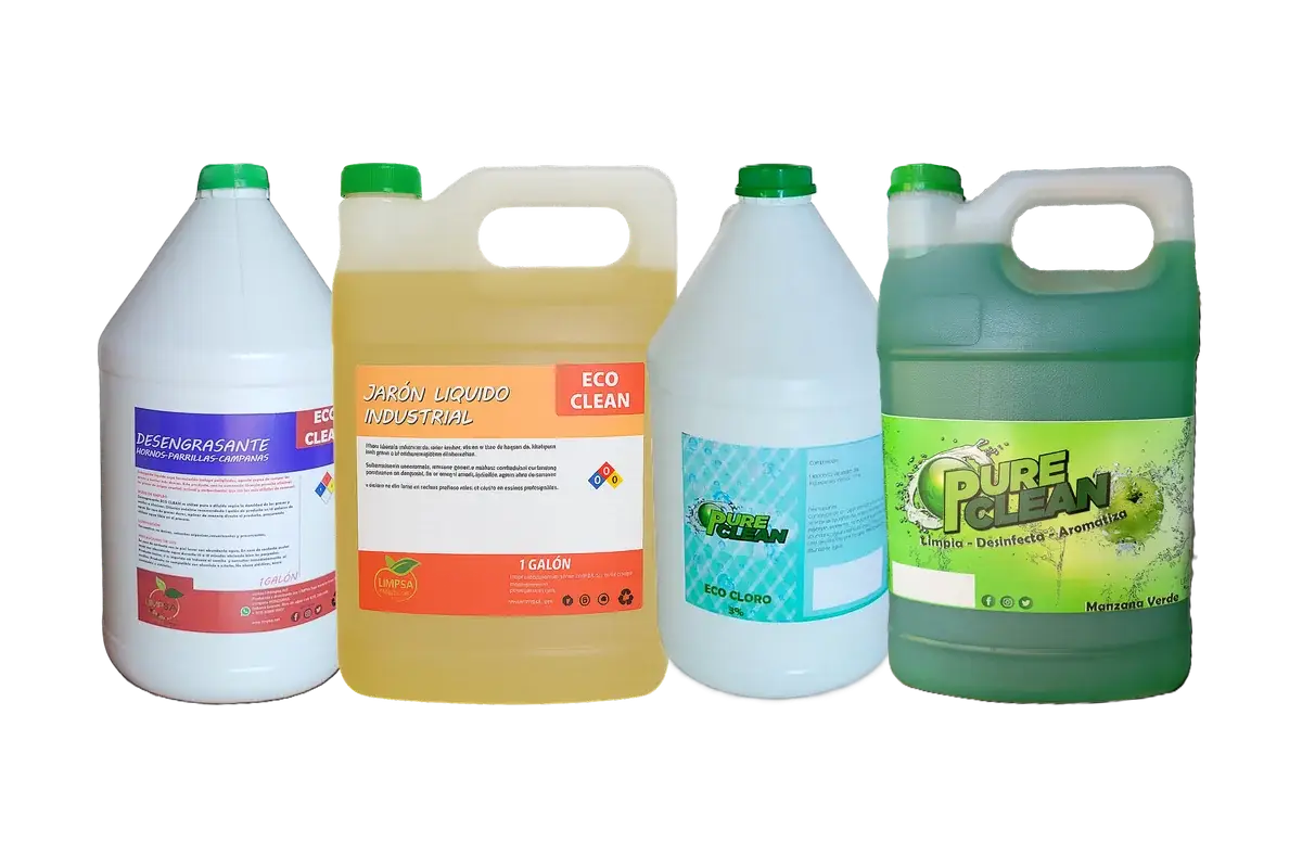 Productos de limpieza industrial LIMPSA: galones de desengrasante para hornos, jabón industrial, cloro y limpia pisos